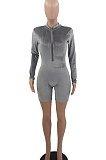 Gray Women Sexy Trendy Skinny Korea Velvet Zipper Pure Color Romper Shorts QMX1021-2