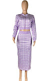 Red Women Digital Printing Ribber Long Sleeve Zipper Hip Skirts Sets YLY2666-2