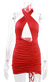 White Euramerican Women Sexy Solid Color Halter Neck Hollow Out Sleeveless Backless Drawsting Ruffle High Waist Mini Dress FWB20921-1