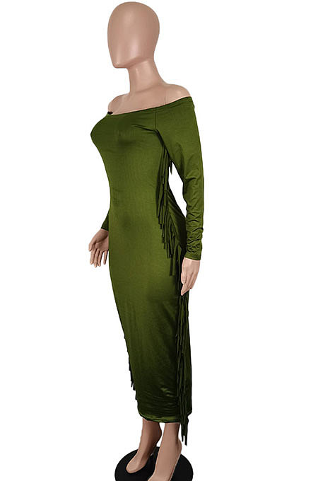 Dark Green Women Autumn Fashion Tassel Long Sleeve Bodycon Pure Color Long Dress SH7288-3