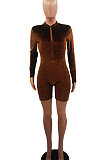 Pink Women Sexy Trendy Skinny Korea Velvet Zipper Pure Color Romper Shorts QMX1021-1