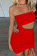 Red Wholesale Sexy Single Shoulder Hollow Out Bandage Ruffle Solid Color Hip Dress LZY9508-2