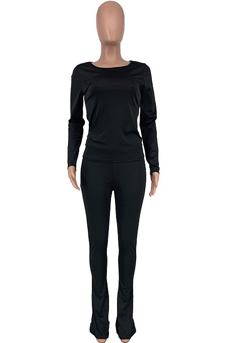 Black Wholesale Pure Color Long Sleeve Round Neck T-Shirts Bodycon Flare Pants Casual Sets CYY00033-2
