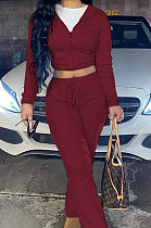 Wine Red Euramerican Women Autumn Winter Drawsting Hooded Pockets Velvet Zipper Pants Sets MLM9079-5