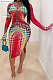 Red Women Sexy Positioning Printing Collect Waist Midi Dress XT0013