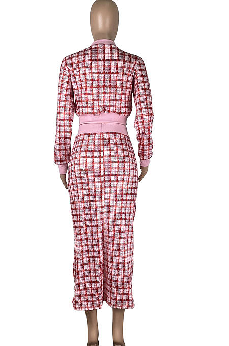 Pink Women Digital Printing Ribber Long Sleeve Zipper Hip Skirts Sets YLY2666-1