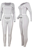 Blue Fashion Stripe Spliced Long Sleeve Square Neck Bodycon Tops Pencli Pants Sets MD383-4