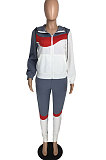 Black Red Winter Mulitucolor Spliced Long Sleeve Zip Front Hoodie Trousers Sports Sets LMM8290-2