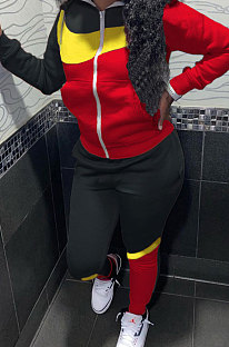 Black Red Winter Mulitucolor Spliced Long Sleeve Zip Front Hoodie Trousers Sports Sets LMM8290-2