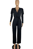 Green Wholesale Cotton Blend Pure Color Long Sleeve V Neck Collect Waist Wide Leg Jumpsuits LWW9322-3