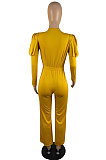 Black Wholesale Cotton Blend Pure Color Long Sleeve V Neck Collect Waist Wide Leg Jumpsuits LWW9322-1