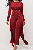 Red Modest New Women Long Sleeve Round Neck Cross Hollow Out Cape Tops Bodycon Trousers Solid Color Sets LWW9323-2