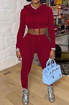 Purplish Red Casual Winter Pure Color Long Sleeve Hoodie Trousers Sports Sets LMM8286-1