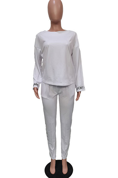 Black Cotton Blend  Sleeve Opening Letter Embroid Loose Tops Trousers  Plain Color Casual Sets BBN209-1