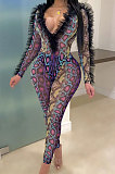 Rose Red Sexy Mesh Snakeskin Printing Long Sleeve Deep V Collar See-Through Two-Piece LMM8289-2