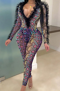 Rose Red Sexy Mesh Snakeskin Printing Long Sleeve Deep V Collar See-Through Two-Piece LMM8289-2