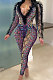 Rose Red Sexy Mesh Snakeskin Printing Long Sleeve Deep V Collar See-Through Two-Piece LMM8289-2