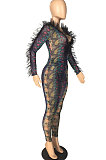 Yellow Sexy Mesh Snakeskin Printing Long Sleeve Deep V Collar See-Through Two-Piece LMM8289-1