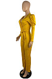 Green Wholesale Cotton Blend Pure Color Long Sleeve V Neck Collect Waist Wide Leg Jumpsuits LWW9322-3