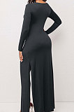 Black Modest New Women Long Sleeve Round Neck Cross Hollow Out Cape Tops Bodycon Trousers Solid Color Sets LWW9323-1
