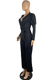 Green Wholesale Cotton Blend Pure Color Long Sleeve V Neck Collect Waist Wide Leg Jumpsuits LWW9322-3