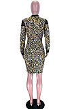 Camouflage Mesh See-Through Spliced Long Sleeve Collect Waist Bodycon Dress LMM8284-2
