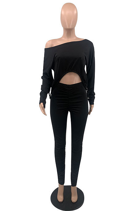 Army Green Wholesale Casual Long Sleeve Oblique Shoulder Loose Tops High Waist Ruffle Bodycon Pants Solid Color Sets QSS51051-1