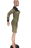 Camouflage Mesh See-Through Spliced Long Sleeve Collect Waist Bodycon Dress LMM8284-2