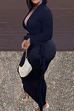 Black New Casual Long Sleeve Deep V Neck Crop Tops Cute Tassel  Hip Skirts Sets S66316-1