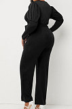 Green Wholesale Cotton Blend Pure Color Long Sleeve V Neck Collect Waist Wide Leg Jumpsuits LWW9322-3
