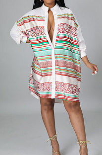 Red White Color Matching Autumn Winter Simple Positioning Printing Long Sleeve Loose Shirt Dress LWW9321-1