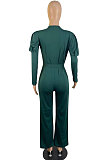 Black Wholesale Cotton Blend Pure Color Long Sleeve V Neck Collect Waist Wide Leg Jumpsuits LWW9322-1