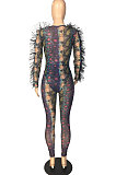 Rose Red Sexy Mesh Snakeskin Printing Long Sleeve Deep V Collar See-Through Two-Piece LMM8289-2