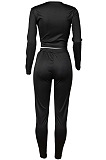 Black Fashion Stripe Spliced Long Sleeve Square Neck Bodycon Tops Pencli Pants Sets MD383-1