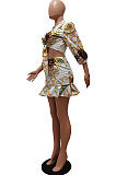White Autumn Design Printing Three Quarter Sleeve Lapel Neck Shirts Mini Skirts Sets CM2157-1
