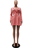Pink Wholesale Long Sleeve Lapel Neck Double-Breasted Collect Waist Plain Color Dress CM2160-3