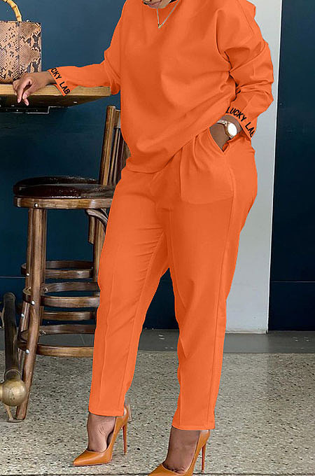 Black Cotton Blend  Sleeve Opening Letter Embroid Loose Tops Trousers  Plain Color Casual Sets BBN209-1