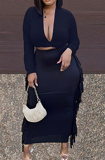 Black New Casual Long Sleeve Deep V Neck Crop Tops Cute Tassel  Hip Skirts Sets S66316-1