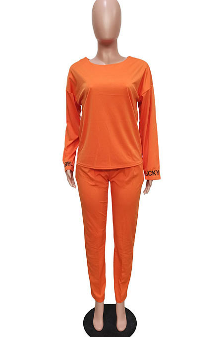 Black Cotton Blend  Sleeve Opening Letter Embroid Loose Tops Trousers  Plain Color Casual Sets BBN209-1