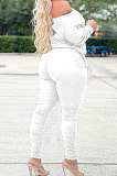 White Wholesale Casual Long Sleeve Oblique Shoulder Loose Tops High Waist Ruffle Bodycon Pants Solid Color Sets QSS51051-4
