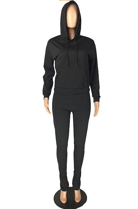 Pink Cotton Blend Pure Color Long Sleeve Hoodie Bodycon Slit Trousers Sports Sets LMM8287-1