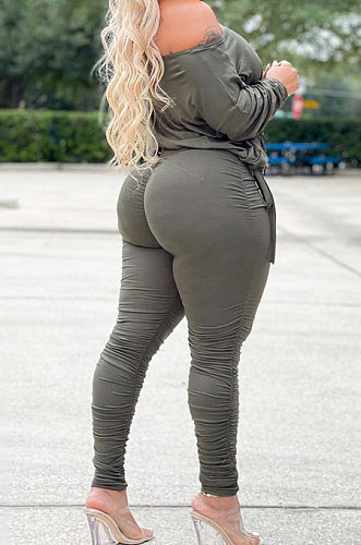Army Green Wholesale Casual Long Sleeve Oblique Shoulder Loose Tops High Waist Ruffle Bodycon Pants Solid Color Sets QSS51051-1