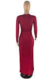 Red Modest New Women Long Sleeve Round Neck Cross Hollow Out Cape Tops Bodycon Trousers Solid Color Sets LWW9323-2