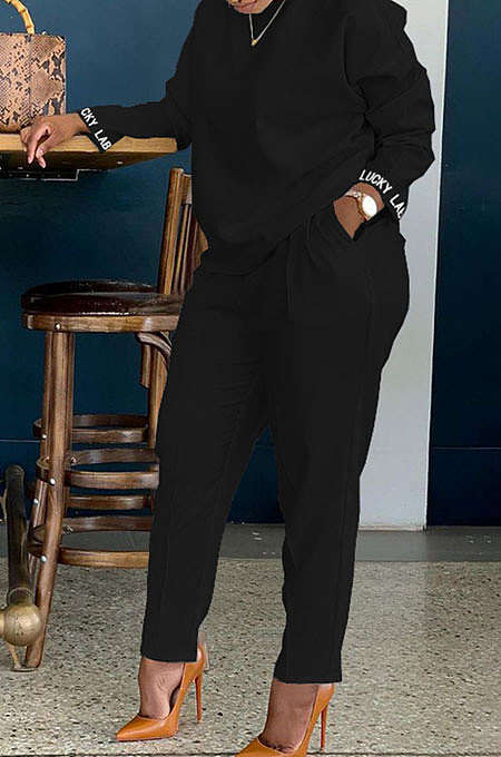 Black Cotton Blend  Sleeve Opening Letter Embroid Loose Tops Trousers  Plain Color Casual Sets BBN209-1