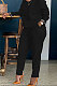 Black Cotton Blend  Sleeve Opening Letter Embroid Loose Tops Trousers  Plain Color Casual Sets BBN209-1