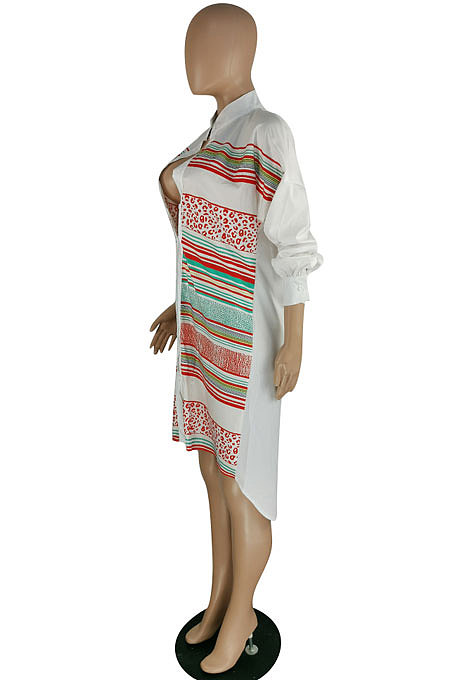 Blue White Color Matching Autumn Winter Simple Positioning Printing Long Sleeve Loose Shirt Dress LWW9321-2