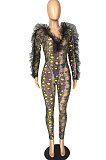 Rose Red Sexy Mesh Snakeskin Printing Long Sleeve Deep V Collar See-Through Two-Piece LMM8289-2