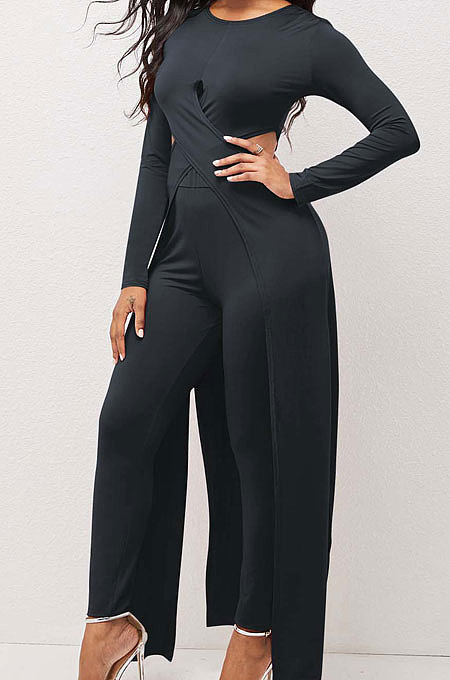 Black Modest New Women Long Sleeve Round Neck Cross Hollow Out Cape Tops Bodycon Trousers Solid Color Sets LWW9323-1