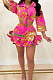 Rose Red Autumn Design Printing Three Quarter Sleeve Lapel Neck Shirts Mini Skirts Sets CM2157-2