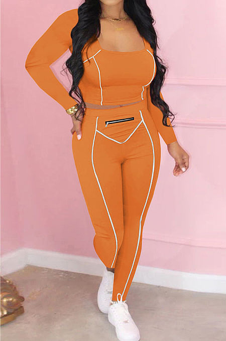 Grey Fashion Stripe Spliced Long Sleeve Square Neck Bodycon Tops Pencli Pants Sets MD383-5